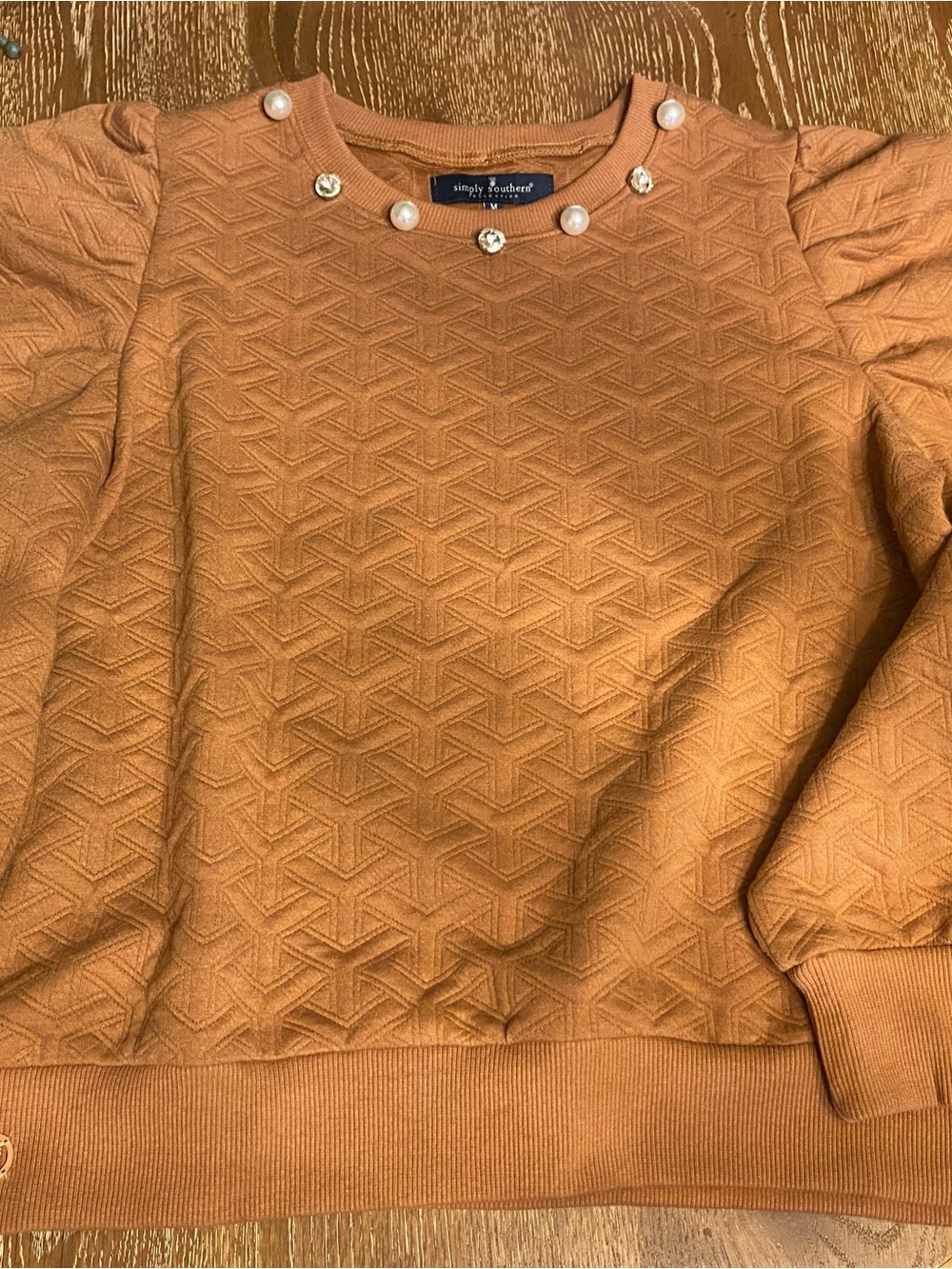 Simply Southern Women's Rust Textured Pullover with Pearl & Rhinestone Neckline